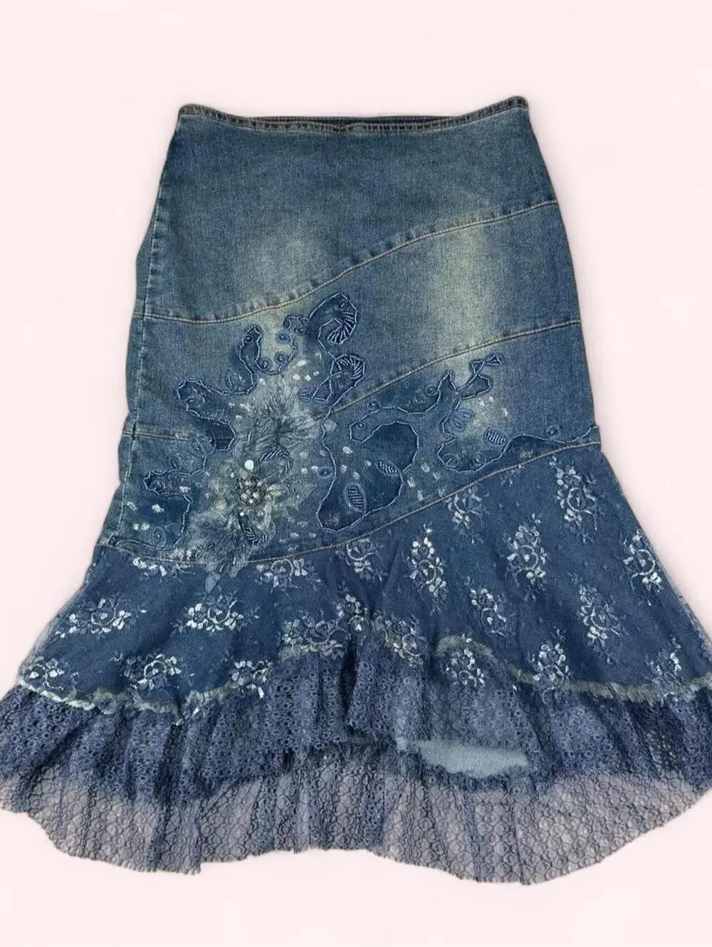 Deadstock Y2K beaded denim midi skirt with lace ruffle and floral embroidery - Picture 1 of 6